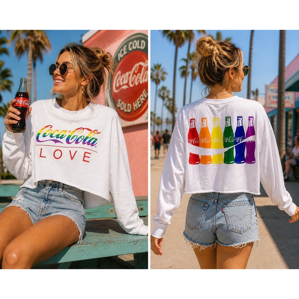 Coca-Cola Love Pride Rainbow Spirit Jersey Long Sleeve Cropped Shirt White Large